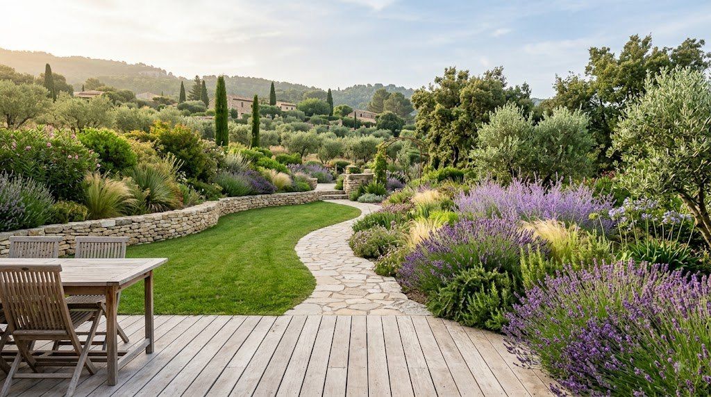 Jardin aménagé avec une terrasse en bois, des massifs plantés et une allée dallée.